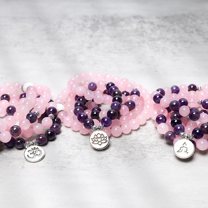 Buddha Stones Natürliches Rosenquarz- und Amethyst-Mala-Perlen-Lotus-Anhänger-Armband - image 8