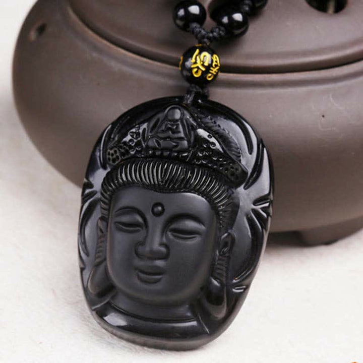 Buddha Stones Natürlicher schwarzer Obsidian Kwan Yin Avalokitesvara Kraftschnur-Halskettenanhänger - image 7