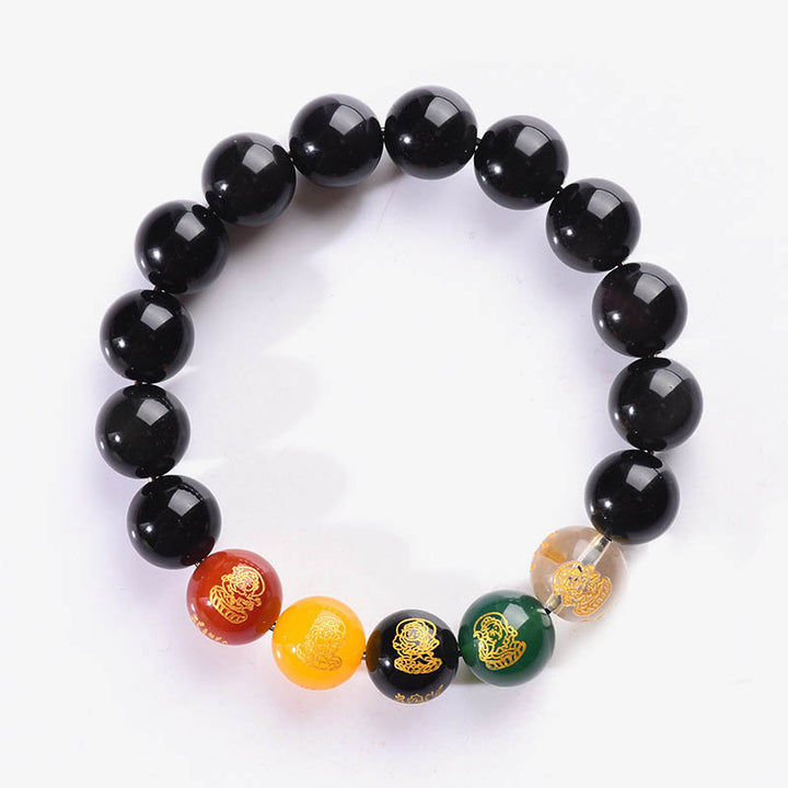 Buddha Stones Armband Gods of Wealth, goldglänzender Obsidian, Regenbogenobsidian, schwarzer Obsidian, Five Directions