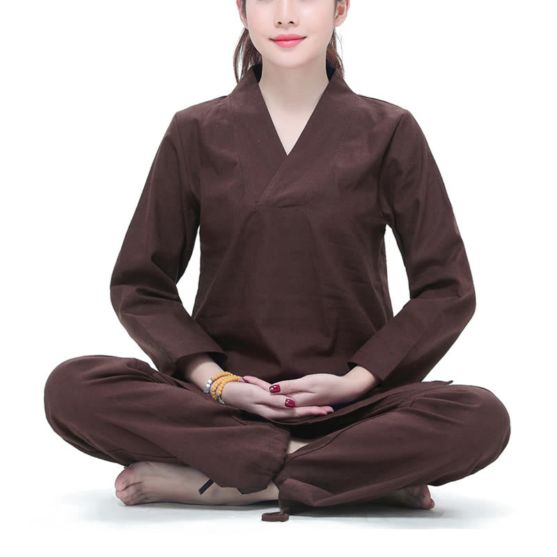 Buddha Stones Zen Praxis Yoga Meditation Gebet V-Ausschnitt Design Uniform Baumwolle Leinen Kleidung Damen Set - Braun - US6, UK/AU10, EU38 (2XL) - image 10