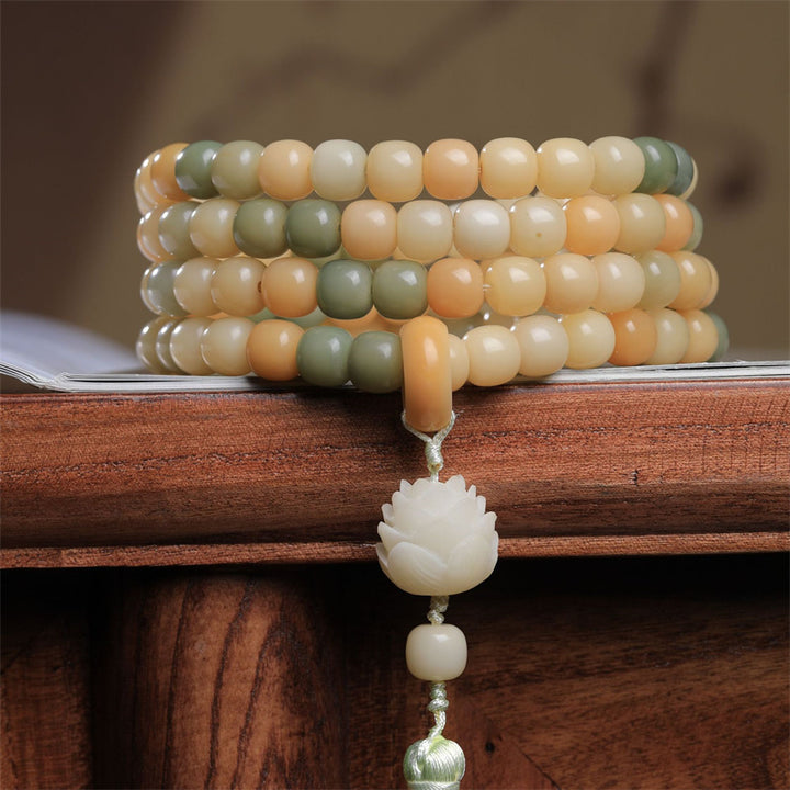 Buddha Stones 108 Mala-Perlen, Farbverlauf, Bodhi-Samen, Lotusquaste, Friedensarmband