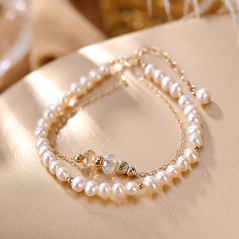 Buddha Stones 925 Sterling Silber plattiert 14 Karat Gold Naturperlen Kristall Heilung Doppellagiges Armband - image 1