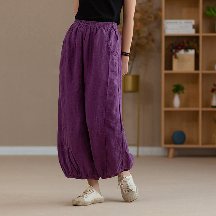 Buddha Stones Ramie Leinen Yoga-Haremshose mit flexiblem Bund und Taschen