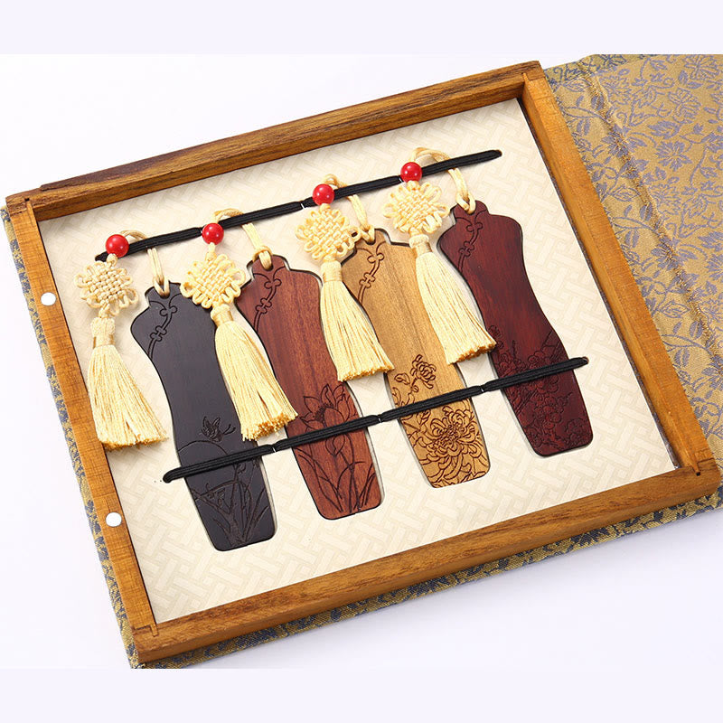Buddha Stones 4 Stück Vier Jahreszeiten Pflaumenorchidee Bambus Chrysantheme Pekingoper Maske Holz Lesezeichen mit Geschenkbox - image 21