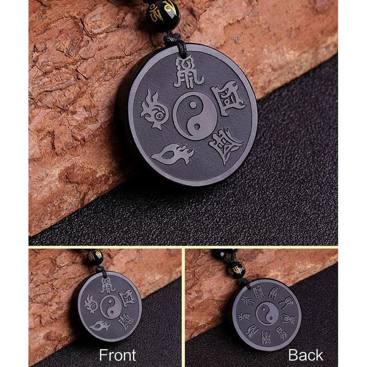 Buddha Stones, natürlicher schwarzer Obsidian, Taoismus, fünf heilige Berge, Mantra mit neun Charakteren, geschnitzt, Stärke, Yin-Yang-Halskette, Anhänger, Schlüsselanhänger - image 7