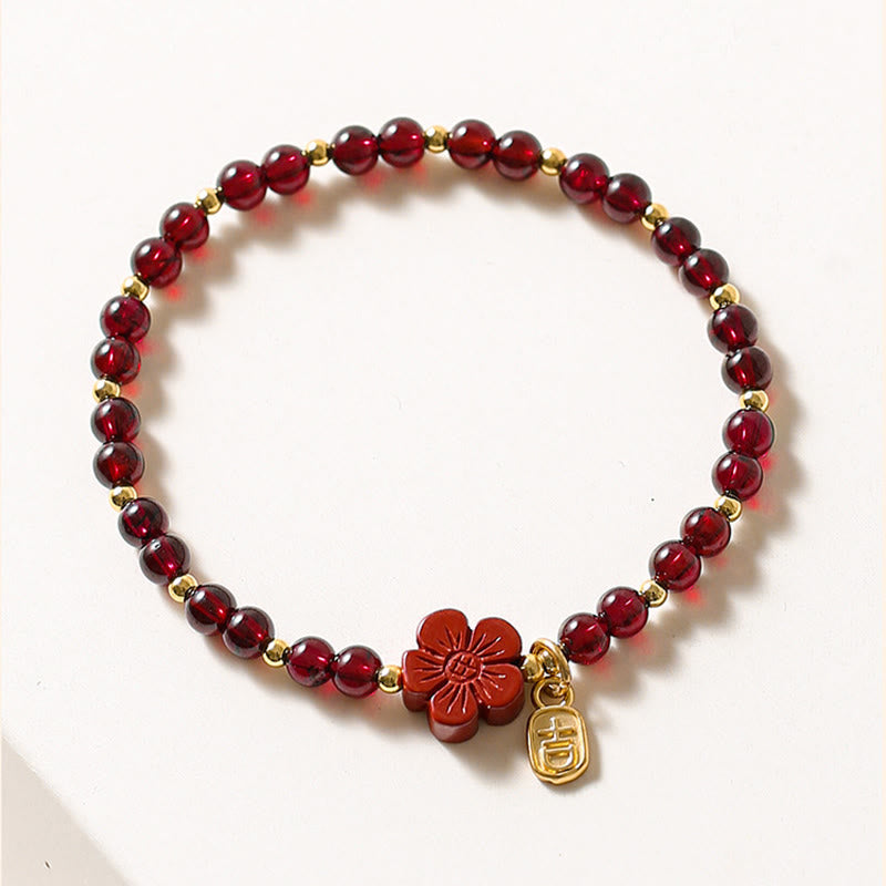 Buddha Stones 14K Gold Natürliches Granat-Zinnober-Blumen-Ruhe-Armband - image 2