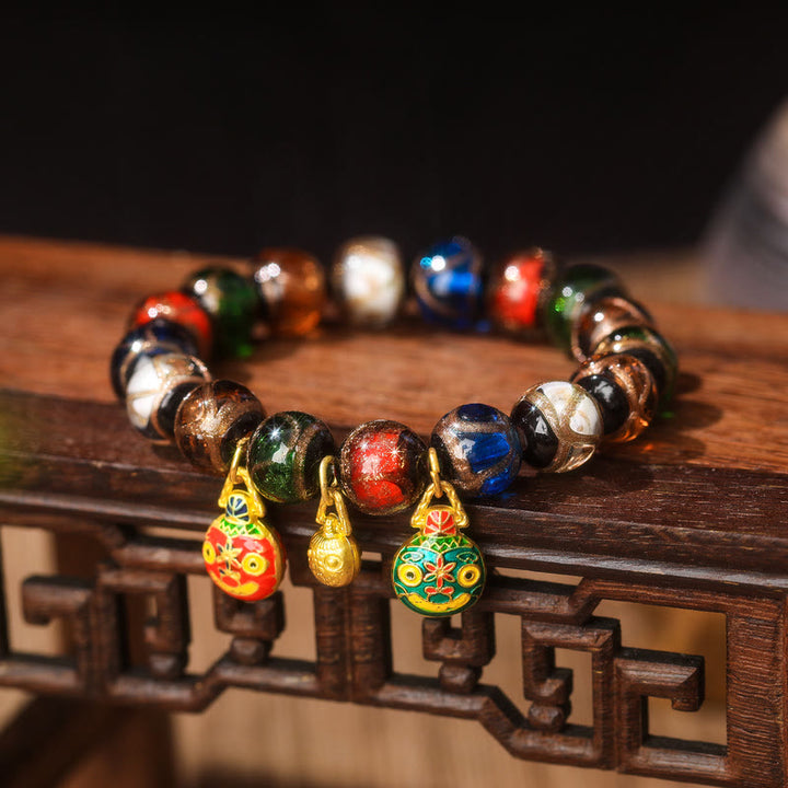Buddha Stones Five Elements Gold Schlucktier Familie Charm Liuli Glasperlen Glücksarmband - Liuli Glasperlen & Große Rot-Grün-Goldene Verschlingende Bestienfamilie - 14 mm (15 Perlen) - image 4