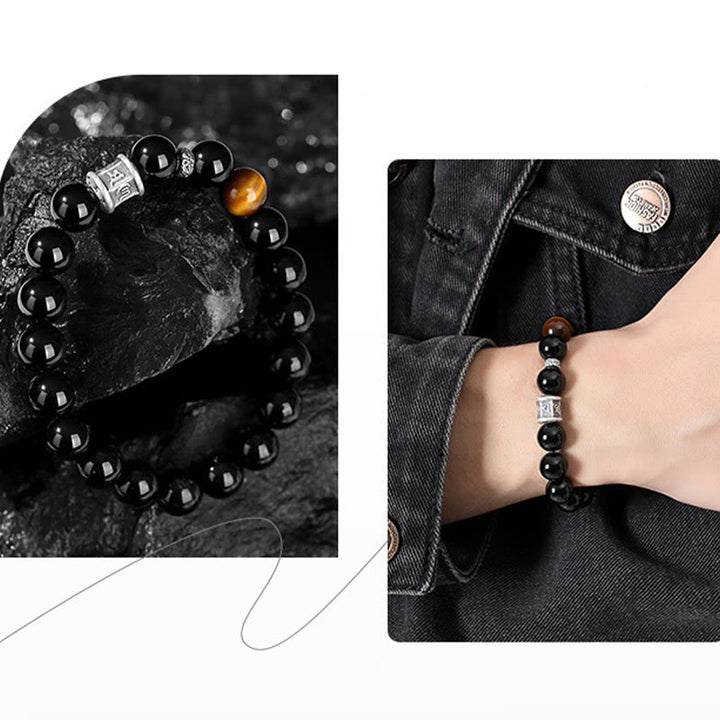 Buddha Stones 999 Sterling Silber Schwarzer Obsidian Tigerauge Om Mani Padme Hum Erfüllungsarmband - image 12