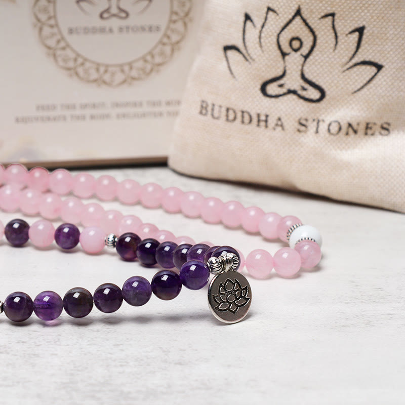Buddha Stones Natürliches Rosenquarz- und Amethyst-Mala-Perlen-Lotus-Anhänger-Armband - image 9