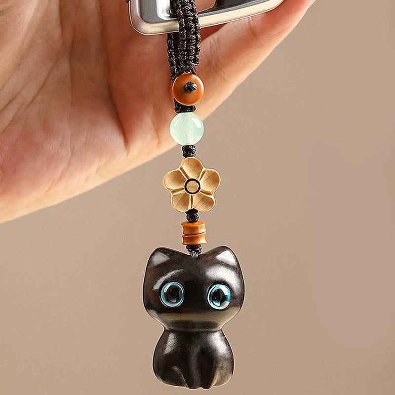 Buddha Stones, Mini-Schlüsselanhänger, kleines Blatt, rotes Sandelholz, Ebenholz, glückliche Katze, hübsches Kätzchen, Frieden, Schlüsselanhänger, Dekoration zum Aufhängen am Telefon - image 7