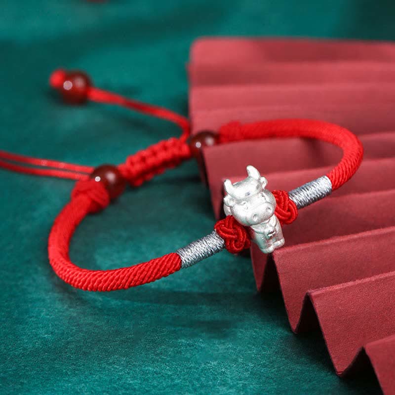 Buddha Stones Armband aus 999er-Sterlingsilber, chinesisches Sternzeichen, Glück, Stärke, rote Schnur - Ochse (Armbandgröße 15,5 cm + 8 cm) - image 5