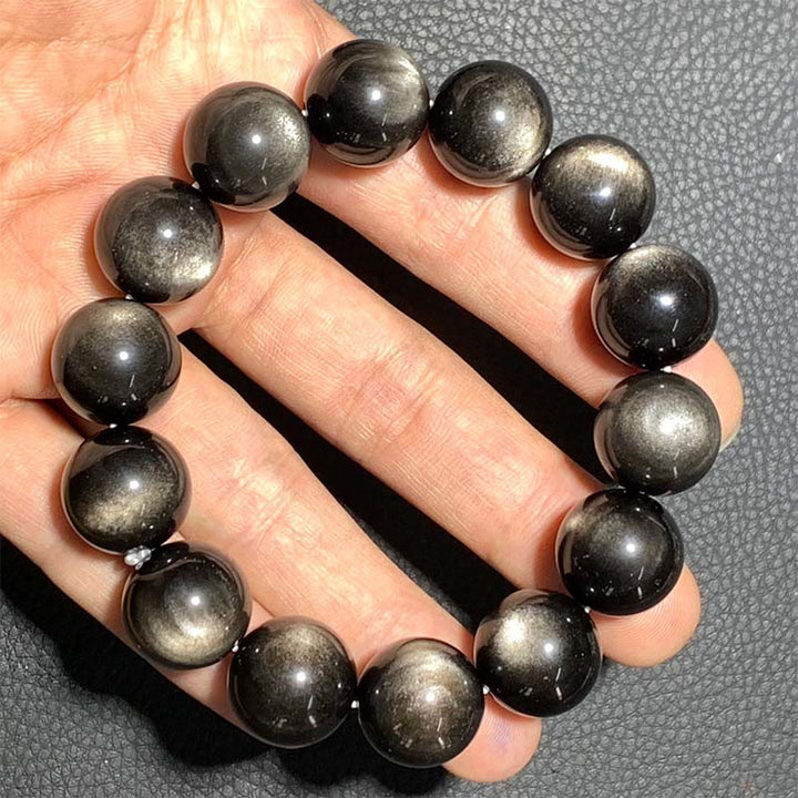 Buddha Stones Natürliches Obsidian-Armband mit silbernem Glanz und beruhigendem Schutz