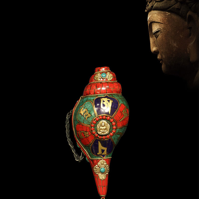 Tibetische handgemachte Shankha Om Mani Padme Hum Buddha Muschel Glücksdekoration - 23 cm - image 0