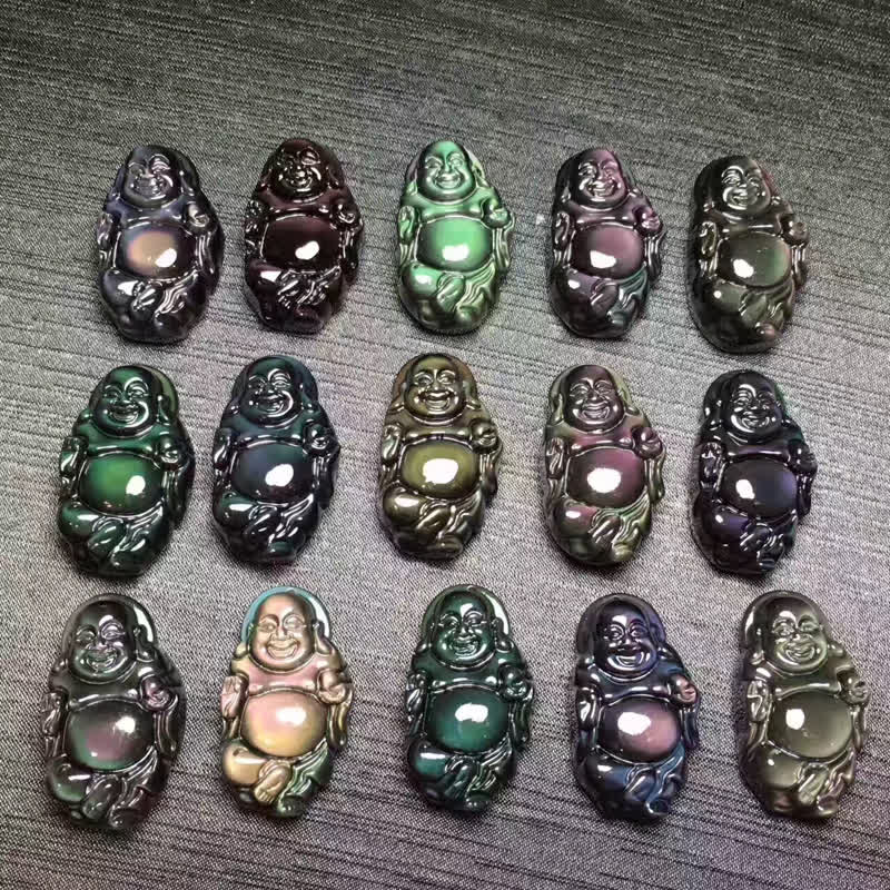 Halskettenanhänger mit natürlichem Regenbogen-Obsidian, lachender Buddha, innerer Frieden