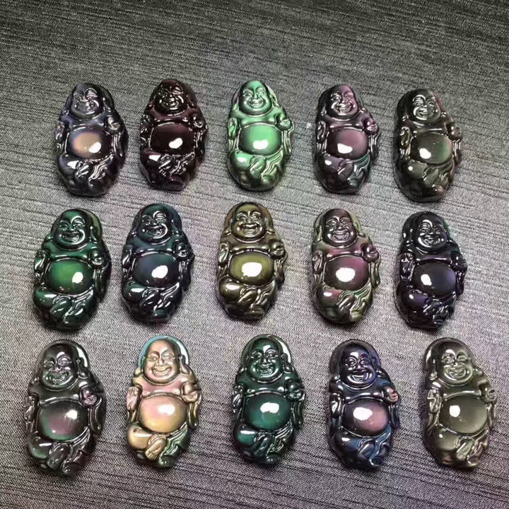 Halskettenanhänger mit natürlichem Regenbogen-Obsidian, lachender Buddha, innerer Frieden