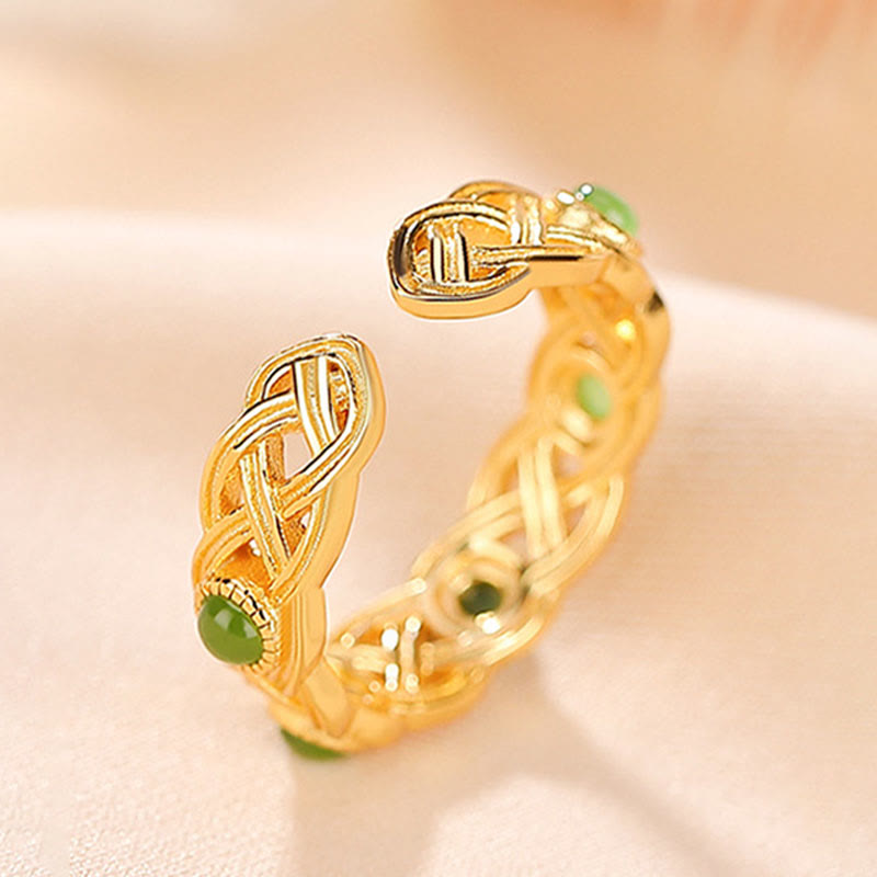 Verstellbarer Ring mit Buddha Stonesn, 925er-Sterlingsilber, vergoldet, Cyan-Jade, geflochtenes Design, Erfolg, Glück - image 7