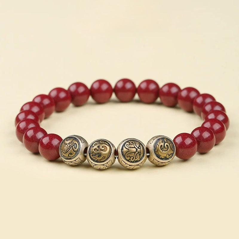 Buddha Stones Armband aus 925er-Sterlingsilber, natürlicher Zinnober, Segensarmband mit vier Tieren