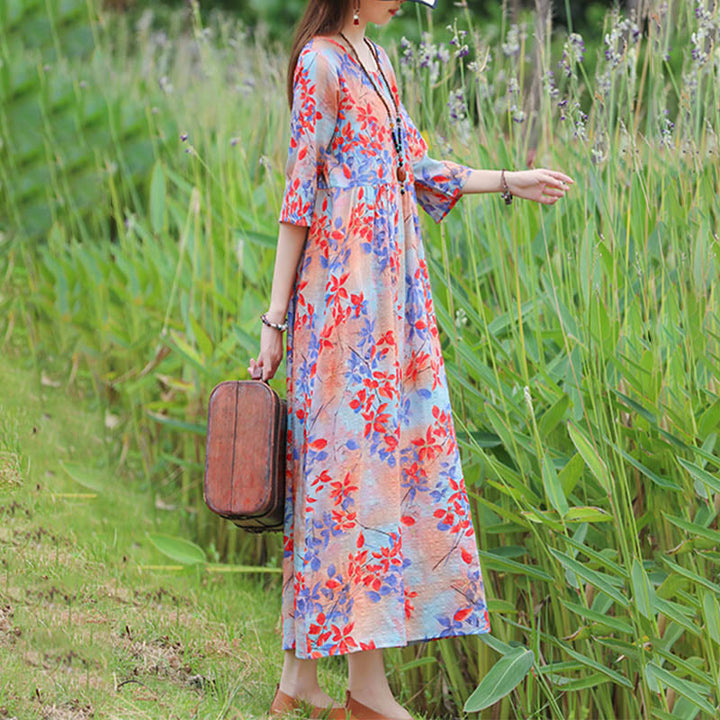 Midikleid mit Buddha-Steinen und Blumen-Print, Tunikakleid aus Baumwolle und Leinen mit Taschen