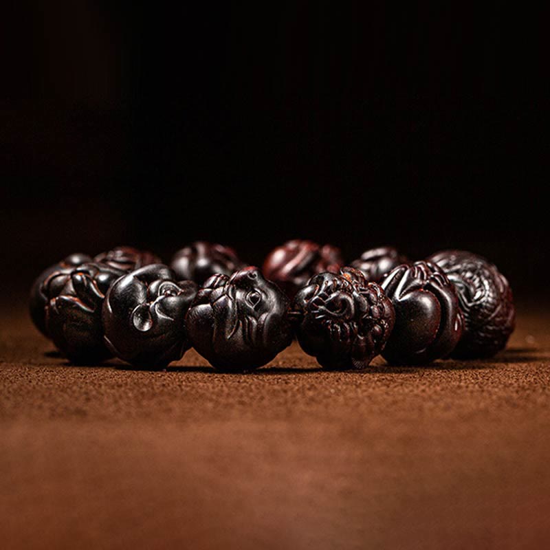 Schutzarmband aus rotem Sandelholz mit Buddha Stonesn, chinesischem Sternzeichen, graviertem kleinen Blatt