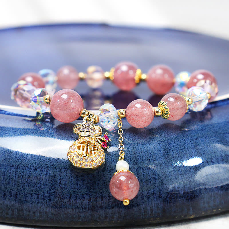 Buddha Stones Natürliches Erdbeerquarz-Kristall-Geldbeutel-Charm-Positive-Armband - image 3