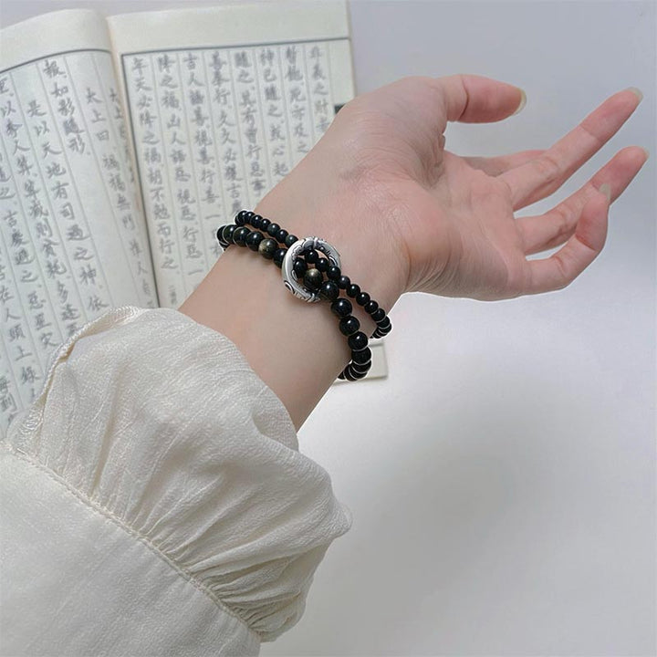 Buddha Stones Armband aus 999er-Sterlingsilber mit schwarzem Obsidian Fulfillment Strength, doppellagig