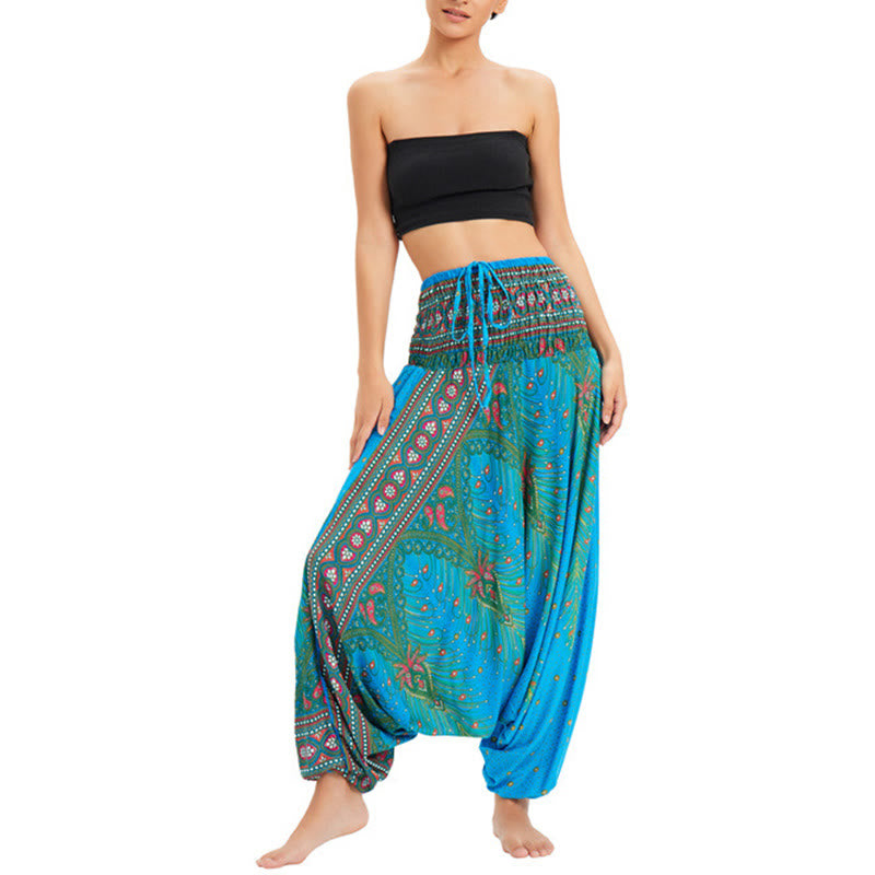 Buddha Stones Zwei Stile Tragen Pfauenfeder Lockere gesmokt Haremshose Overall Hohe Taille Hose