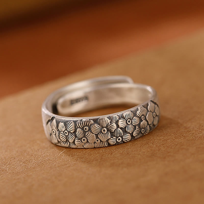 Buddha Stones 999 Sterling Silber Lotusblume Pflaumenblüte Verheißungsvolle Wolken Erleuchtungsring mit Gravur - image 6