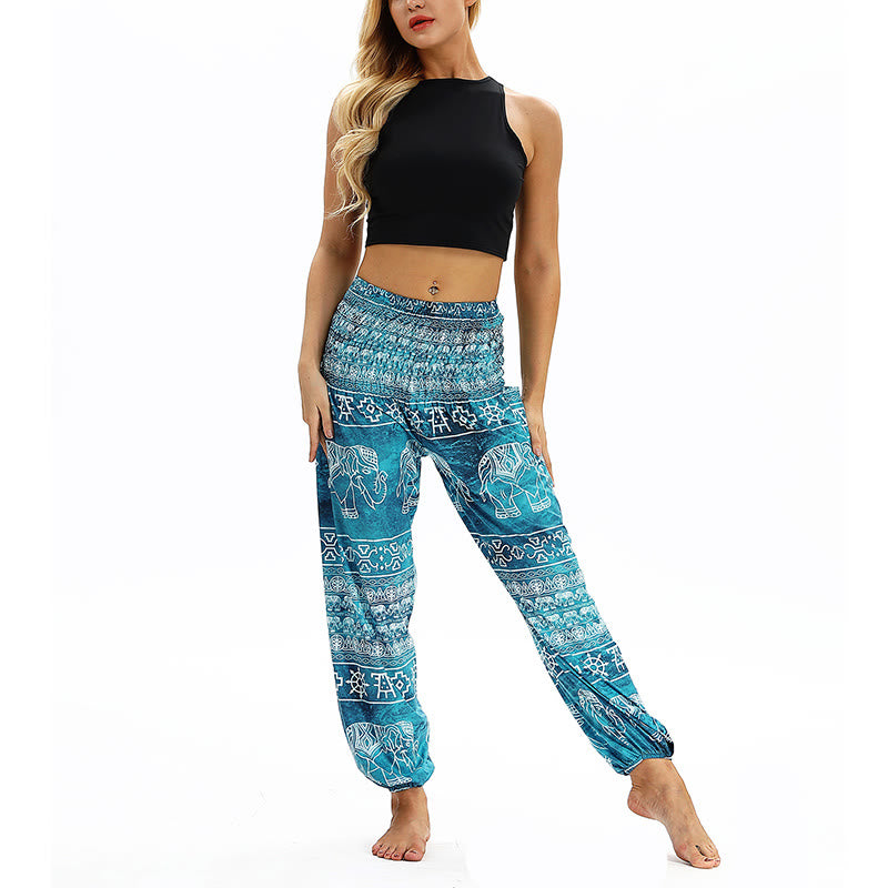 Buddha Stones Boho Lockere Haremshose mit geometrischem Elefantenmuster für Damen, Yogahose