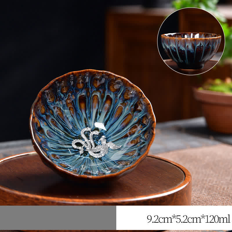 Teetasse aus Keramik mit Buddha Stones , Lotus, Pfau, Drache, Phönix, Koi-Fisch, eingelegte Teetassen, 120 ml - Silber - Phönix - image 21