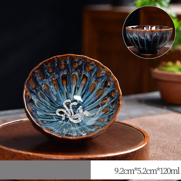 Teetasse aus Keramik mit Buddha Stones , Lotus, Pfau, Drache, Phönix, Koi-Fisch, eingelegte Teetassen, 120 ml - Silber - Phönix - image 21