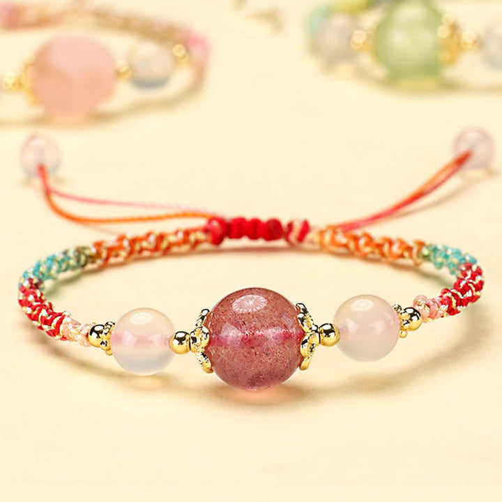 Buddha Stones Armband mit Heilseil, Erdbeerquarz, rosa Kristall, Prehnit , Weiß Achat