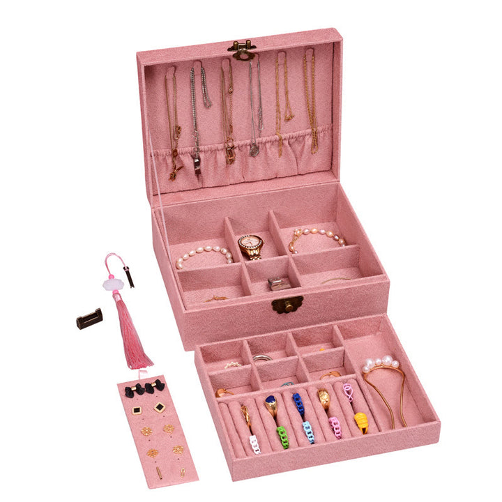 Buddha Stones, schlichtes Design, Schmuckkästchen, Organizer, zweilagige Schmuck-Aufbewahrungsbox, Flanell-Box mit Schloss - Rosa 23 x 19 x 6,5 cm - image 10