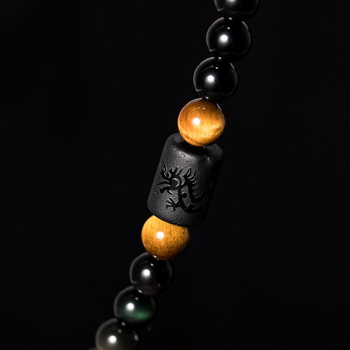 Buddha Stones Natürliches schwarzes Obsidian-Regenbogen-Obsidian-Kürbis-Segen-Armband Mala