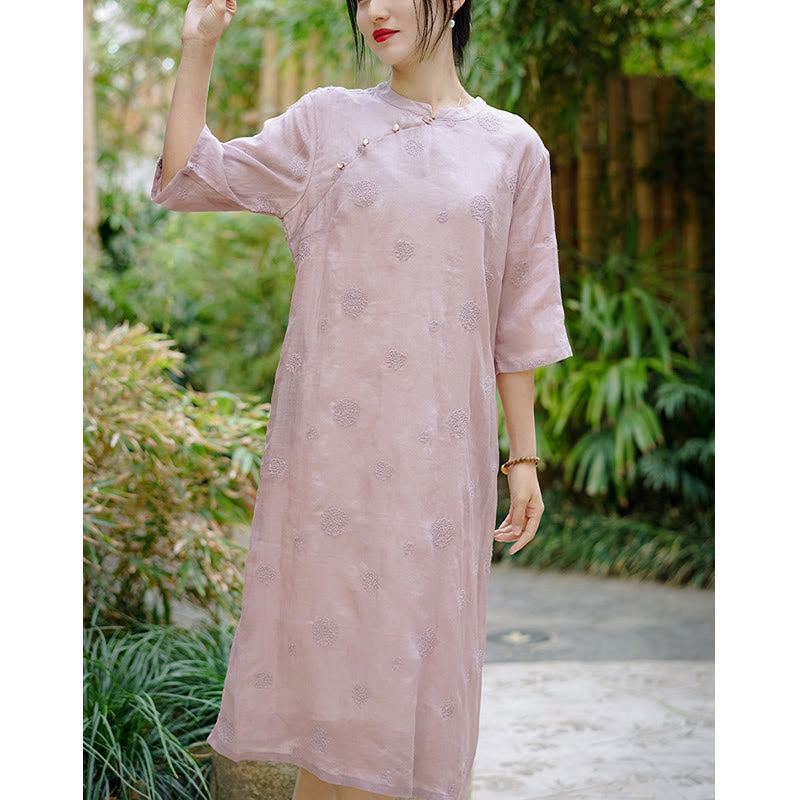 Buddha-Steine, Löwenzahn-Blumenstickerei, Halbarm, Ramie-Leinen, chinesisches Cheongsam-Midikleid mit Taschen