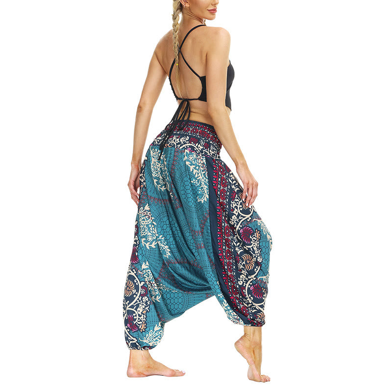 Buddha Stones Boho Lockere Haremshose mit geometrischem Blumenrankenmuster für Damen, Yogahose