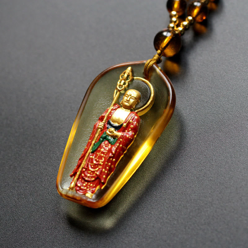 Buddha Stones Ksitigarbha Buddha Liuli Kristall Mitgefühl Amulett Halskette Anhänger - Gelber stehender Ksitigarbha - image 1