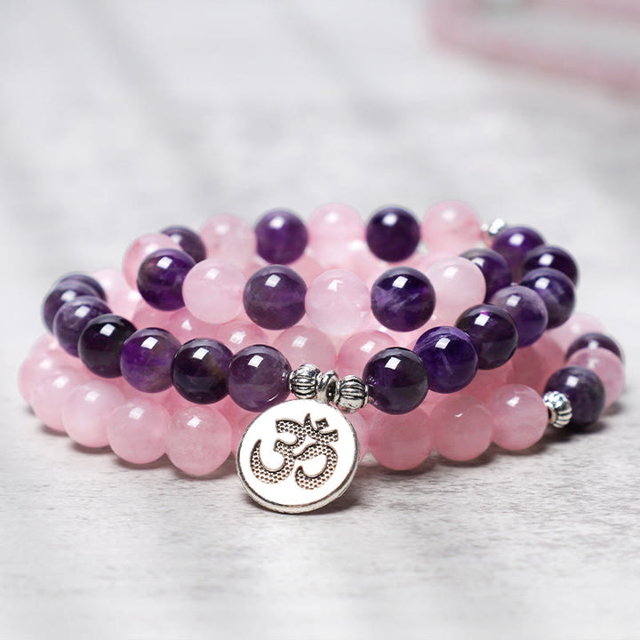 Buddha Stones Natürliches Rosenquarz- und Amethyst-Mala-Perlen-Lotus-Anhänger-Armband