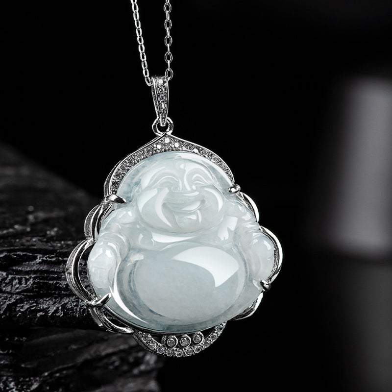 Buddha Stones 925 Sterling Silber Lachender Buddha Natürliche Jade Fülle Halskette Anhänger - image 2