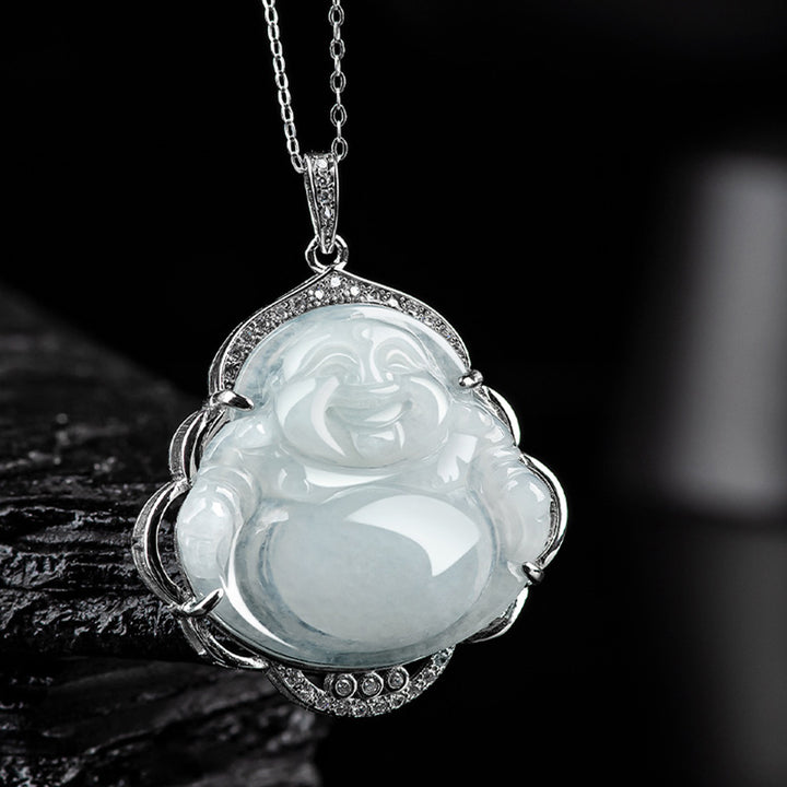Buddha Stones 925 Sterling Silber Lachender Buddha Natürliche Jade Fülle Halskette Anhänger - image 2