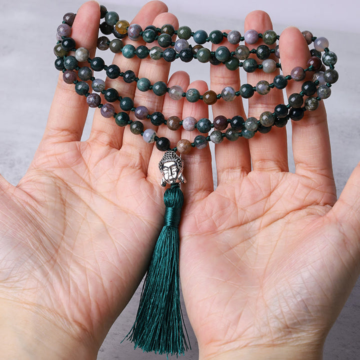 Buddha Stones 108 Mala-Perlen, indisches Achat-Buddha-Kopf-Reinigungsarmband