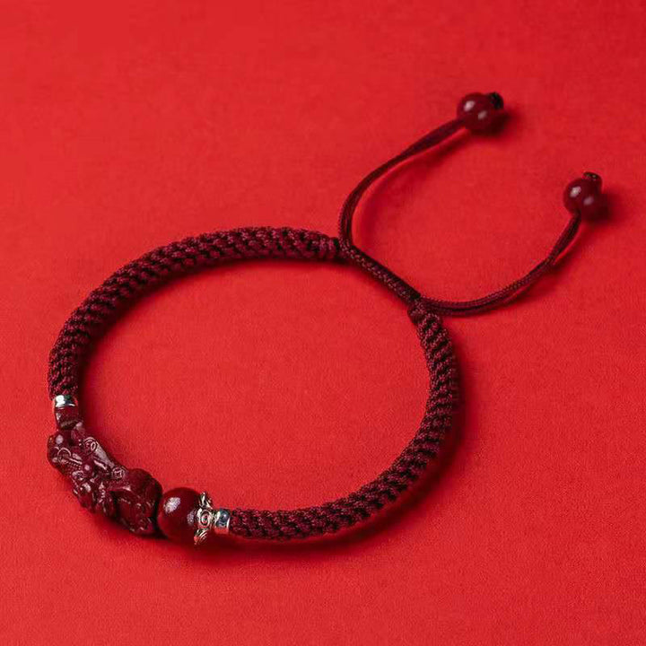 Buddha Stones Handgefertigtes PiXiu Cinnabar Wealth Luck geflochtenes Armband - Dunkelrotes verstellbares Seil - 17 cm - image 17
