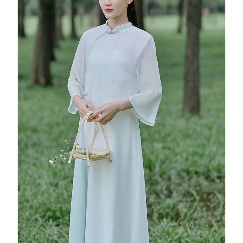 Buddha Stones Dreiviertelärmel Chiffon Cheongsam Midikleid Weite Hose Meditation Zen Praxis Kleidung