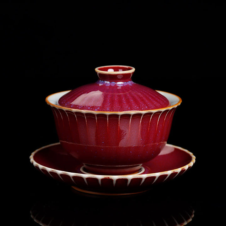 Buddha Stones Retro Glasur Ofenwechsel Keramik Gaiwan Sancai Teetasse Kung Fu Teetasse und Untertasse mit Deckel - Roter Stil (Farbe und Glasur können variieren) - 11,5 cm × 8,5 cm × 140 ml - image 5