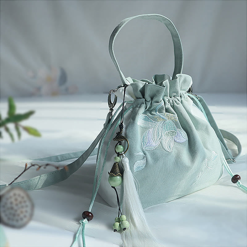 Buddha Stones Handgefertigte bestickte Blumen Canvas Tote Schultertasche Handtasche - Grün-Weißer Lotus 20 x 20 cm - image 40