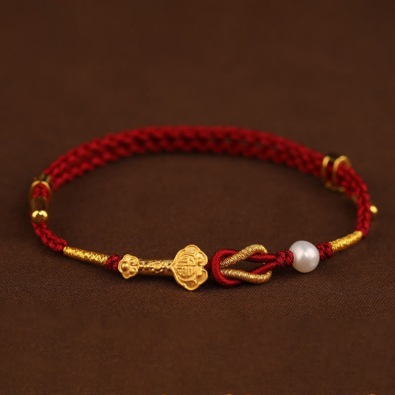 Buddha Stones 24K Gold Wish Ruyi Handle Fu Charakter Kaninchen Perle Glück geflochtenes Armband - image 1