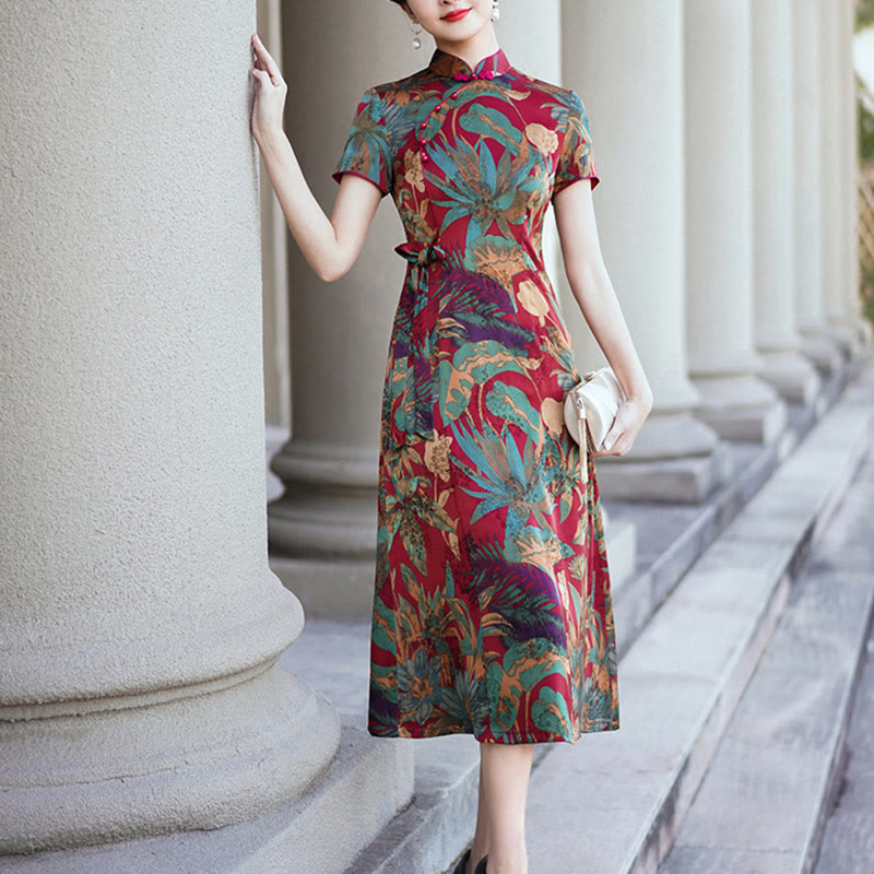 Buddha Stones Seide Qipao Kleid Retro Blumen Blatt Muster Damen Cheongsam Kleid