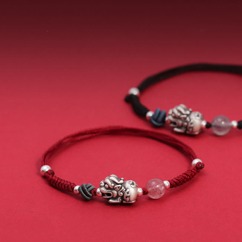 Buddha Stones 999 Sterling Silber PiXiu Erdbeerquarz Perlen Reichtum Glück geflochtenes Armband - image 0