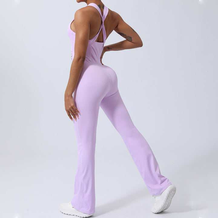 Buddha Stones Workout Crisscross Ärmelloser Flare-Overall für Damen, Sport, Fitness, Yoga, Bodysuit