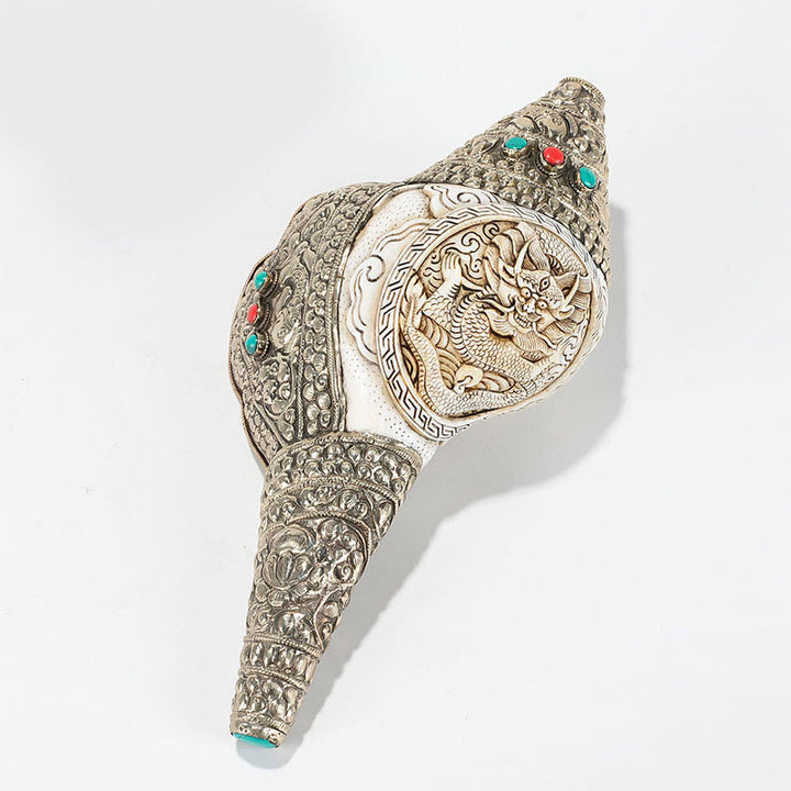 Tibetische natürliche Shankha-Muschelmuschel, Reichtum, Glück, Heimdekoration - Geschnitzter Drache, 26,5 x 14 cm - image 18