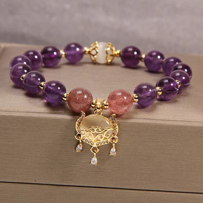 Buddha Stones Natürliches Amethyst-Erdbeerquarz-Katzenauge, chinesisches Schloss-Charm-Heilungsarmband - Amethyst & Erdbeerquarz & Katzenauge - image 1